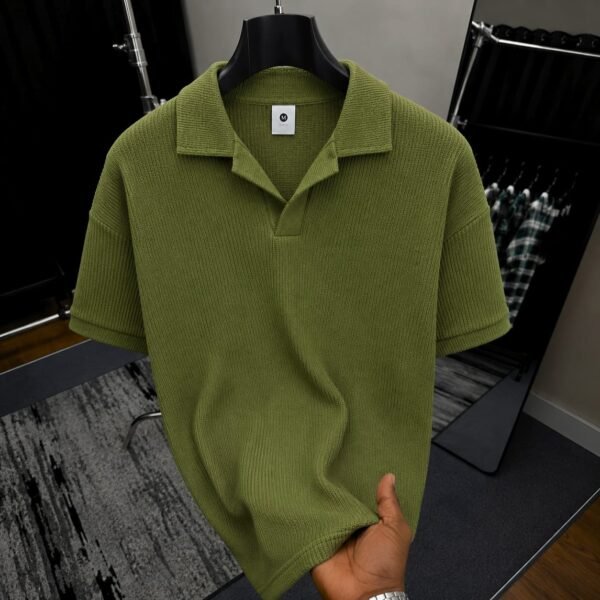 Premium Waffle Cuban Polo T-Shirt (Olive)
