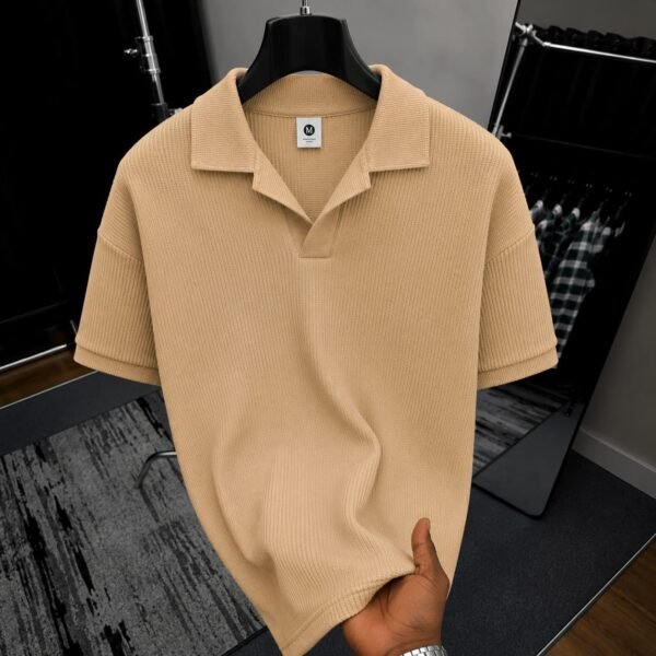 Premium Waffle Cuban Polo T-Shirt (Beige)