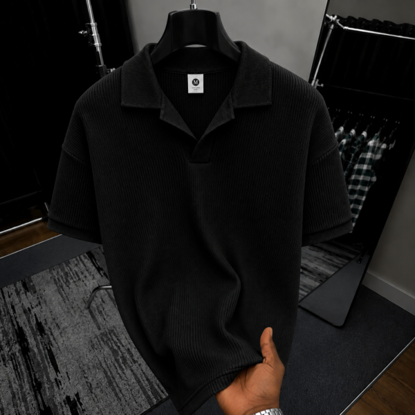 Premium Waffle Cuban Polo T-Shirt (Black)