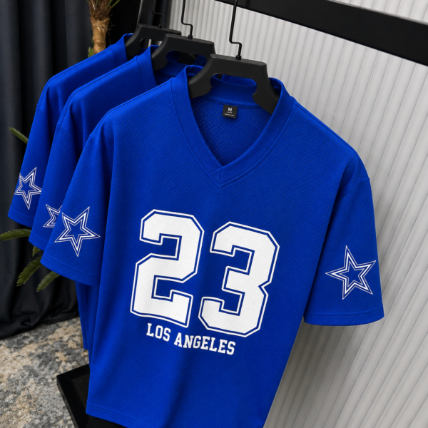 Premium V-Neck Mesh Jersey T-Shirt Blue
